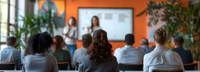 Focused Attendees Listening to Modern Training Presentation in Office.