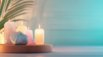 serene arrangement of candles and stones creates calming atmosphere, perfect for relaxation and meditation. soft glow of candles enhances tranquil setting