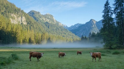 Majestic Alpine Meadow with Grazing Cattle