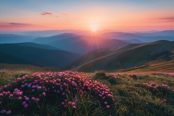 A serene mountain landscape with pink flowers blooming at sunset