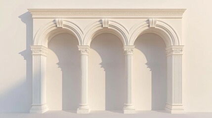 Naklejka premium 3D Illustration of an Antique White Colonnade with Majestic Corinthian Columns and Three Arched Entrances or Niches in Classical Roman and Greek Architecture Style