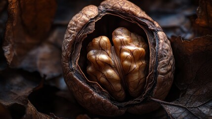 A close-up of a brown walnut shell cracked open, with detailed textures and fine lighting