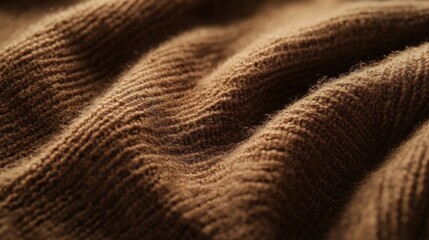 A close-up of a brown wool sweater, with fine textures of the knit fibers illuminated softly