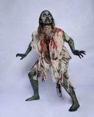 portrait of scary female model wearing spooky halloween costume wearing, ripped clothes and fake...