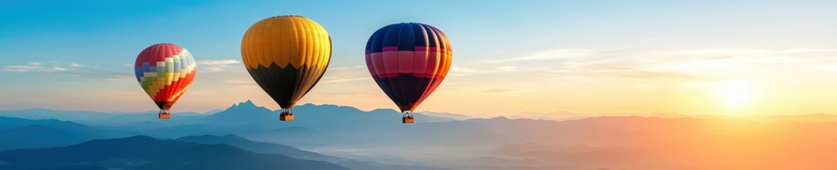 Fototapeta premium Vibrant hot air balloons soar gracefully at sunrise, showcasing breathtaking mountain views. Perfect for travel, adventure, and exploration themes.