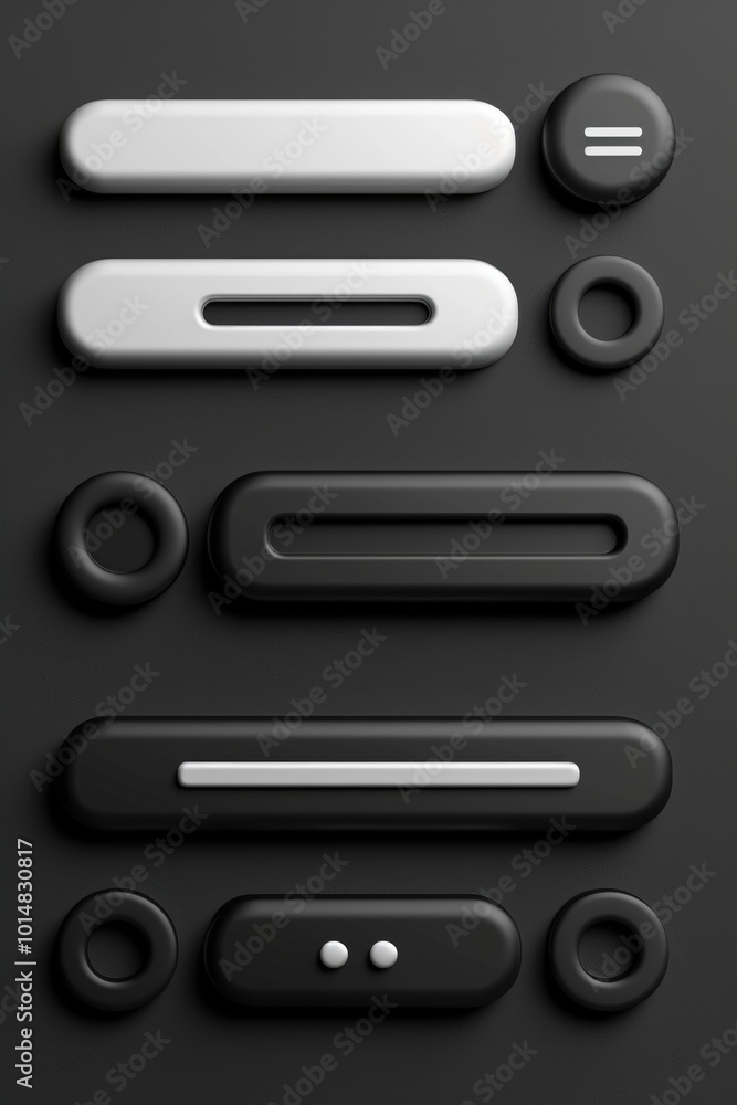 Poster simple design with multiple buttons in grayscale colors on a dark surface, ideal for tech or minimal