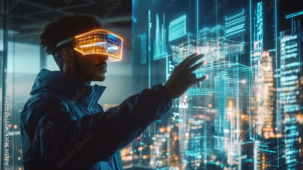 Aufkleber an augmented reality architect designing cutting-edge virtual buildings in a futuristic urban landsc