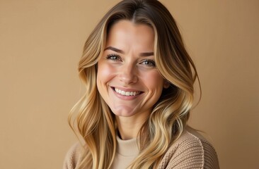 Naklejka premium female portrait of caucasian blonde smiling woman on beige background