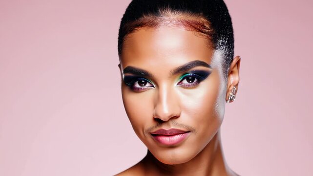 Trans person with a subtle mustache and bold makeup, posing confidently against a soft pink background, showcasing individuality and gender expression