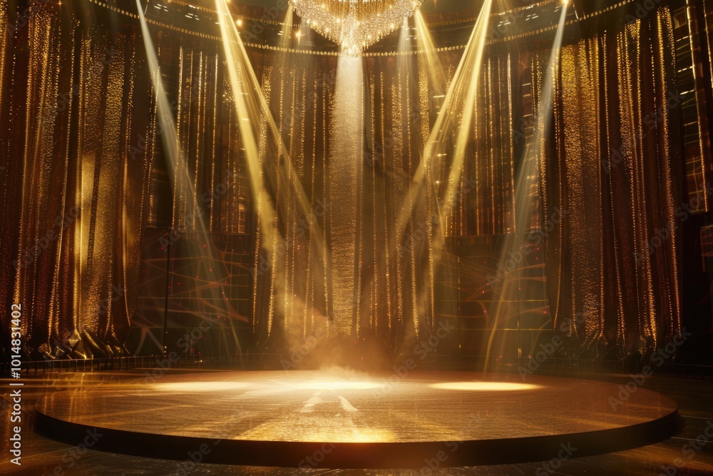 Poster a stage with a chandelier and lights set up for a performance or event