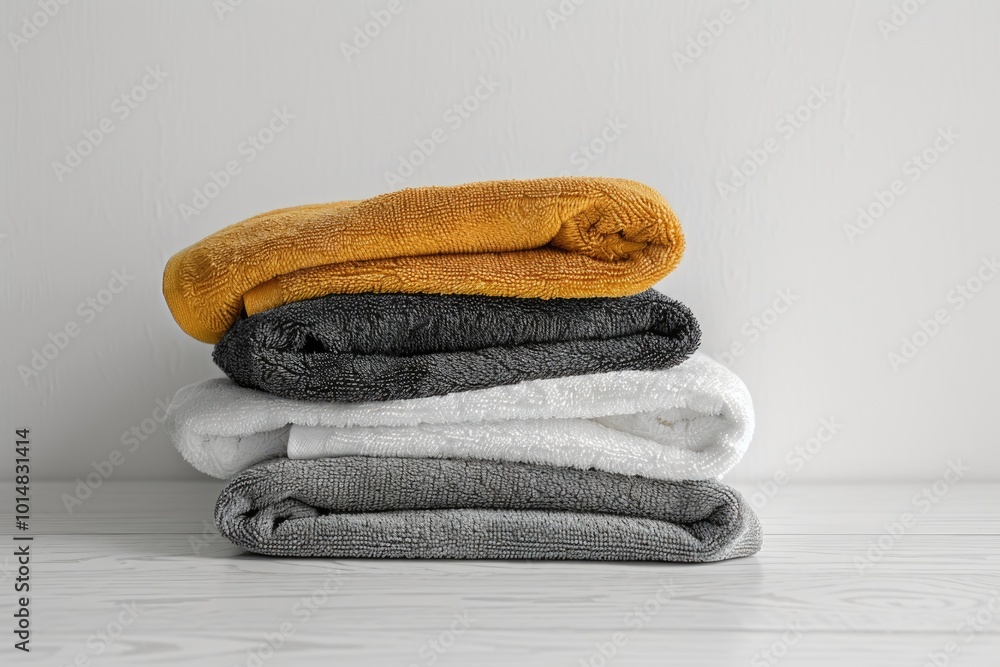Poster a stack of neatly folded towels sits on top of a table, ready for use