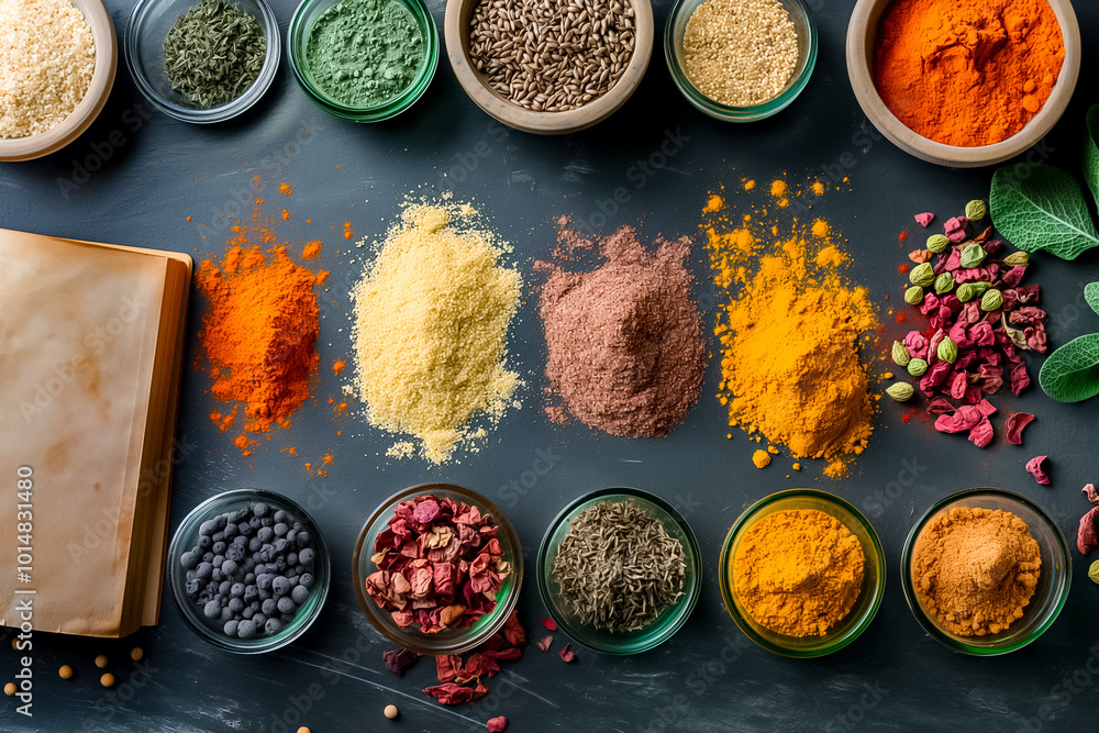 Poster colorful spices and dried herbs are neatly arranged on a dark surface, highlighting an array of text