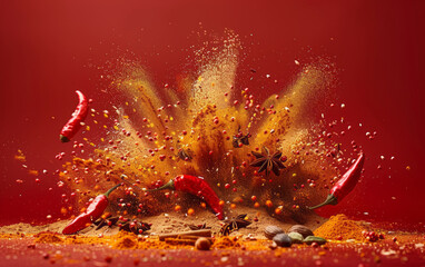Chili peppers and various seasonings are mixed together for an explosive effect in the commercial background