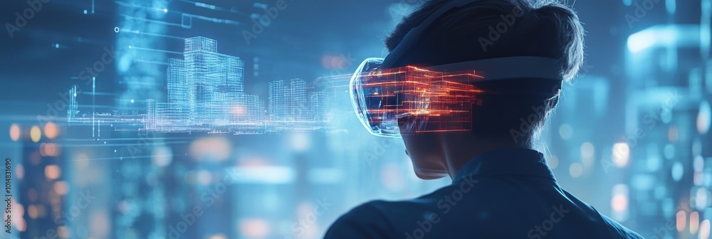 Aufkleber an augmented reality architect designs virtual buildings in a futuristic urban landscape using ar gl