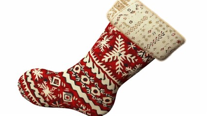 A festive Christmas stocking with red and white stripes and delicate snowflakes, perfect for holiday decorating or gift wrapping
