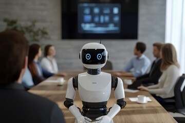 Robots are leading a meeting with business professionals and officially using robots for work
