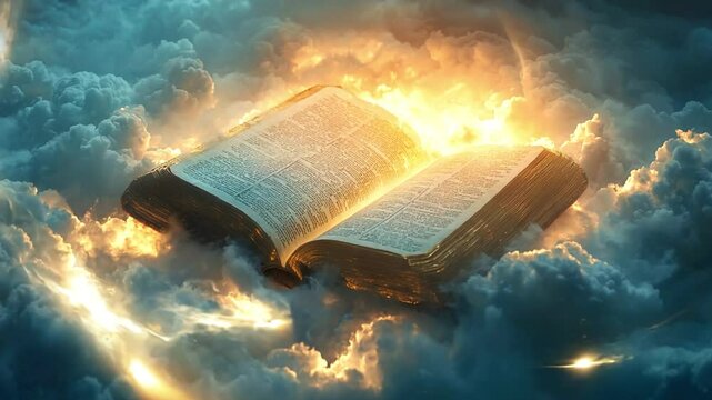 Bible in heaven clouds with beam of light breaking through the clouds, illuminating an open bible with light rays spreading out. with the title boldly placed in the center. Holy Cristian concept 4k