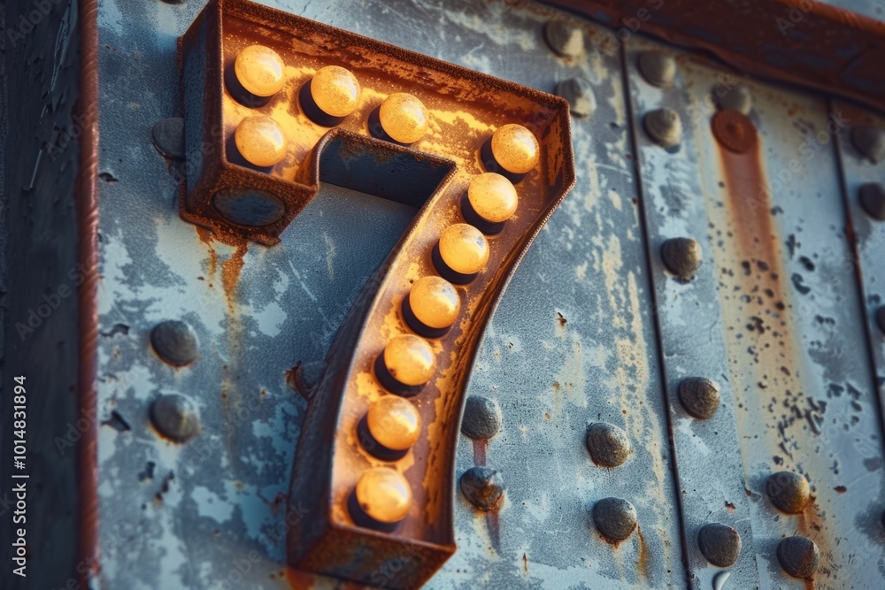 Poster exterior of a building with a large numeral 7 illuminated, suitable for use in advertising or archit