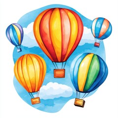 Obraz premium A vibrant illustration of colorful hot air balloons soaring in a bright blue sky with fluffy clouds, evoking a sense of adventure and freedom.