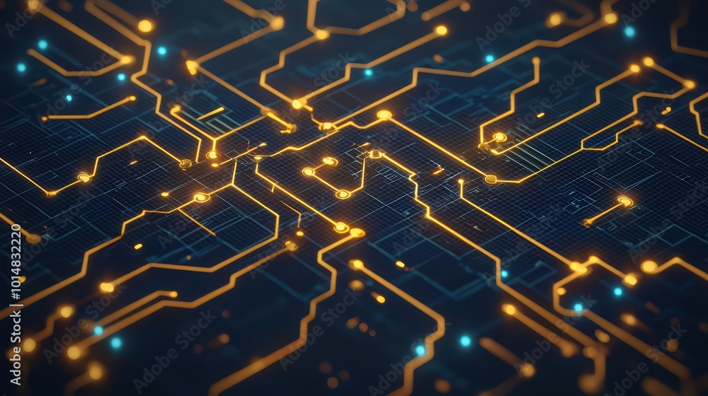 Poster abstract circuit board design with glowing lines and nodes, showcasing modern technology and digital