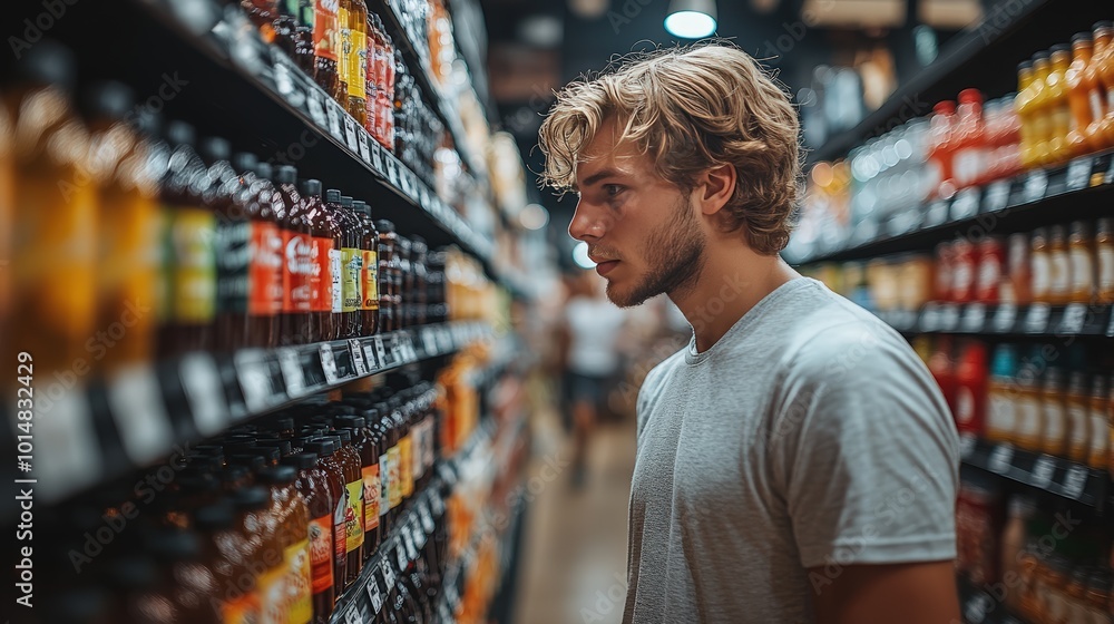 Wall mural man in a supermarket or grocery store looking at the shelf full of products, comparing prices and ch