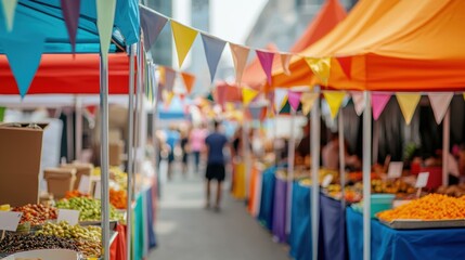vibrant street market bustling with colorful tents and fresh produce, showcasing variety of fruits and vegetables. festive atmosphere is enhanced by bright banners and lively crowds. 