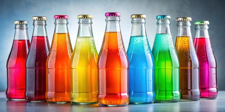 A row of colorful soda bottles filled with vibrant liquids for advertising or educational purposes , soda