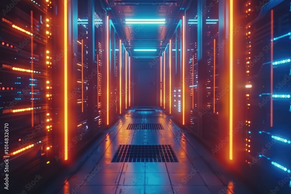 Poster servers and racks in a data center environment, ideal for use in presentations about technology or b