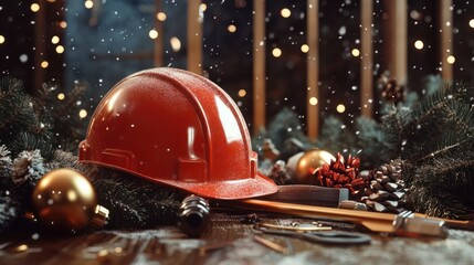 Construction tools, hard hat and Christmas decorations. Christmas and New Year construction. Extra wide banner background