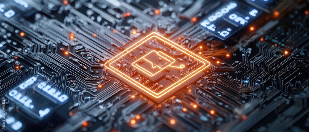 Poster close-up view of a glowing microchip on a complex circuit board, showcasing advanced technology and 