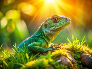 Fototapeta premium Fashion Photography: Green Lizard on Stone Amidst Grass in Bright Light
