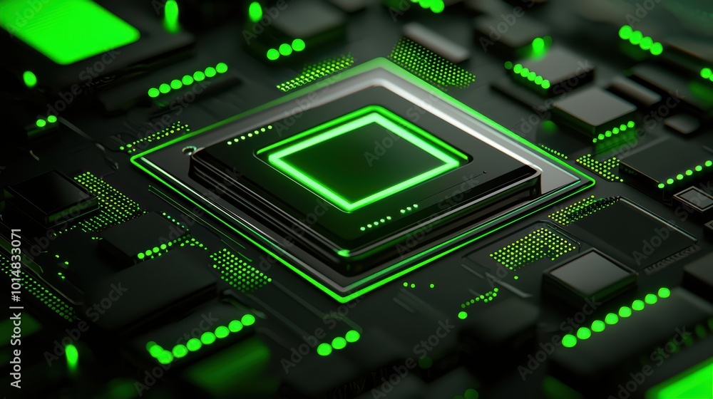 Poster close-up view of a modern green circuit board with intricate details and glowing components on a dar