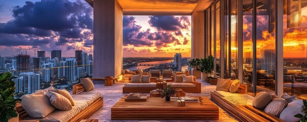 Naklejka premium High-end Miami terrace lounge with stylish wooden furniture and panoramic city views, illuminated by sunset