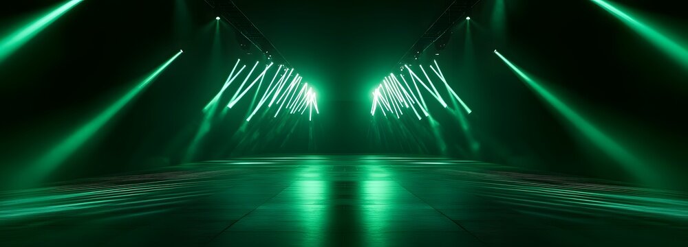 1. **Neon Vibes:** Create an image of a dark background illuminated by vibrant green fluorescent neon laser lights, casting dynamic patterns. This party-inspired scene offers ample copy space for