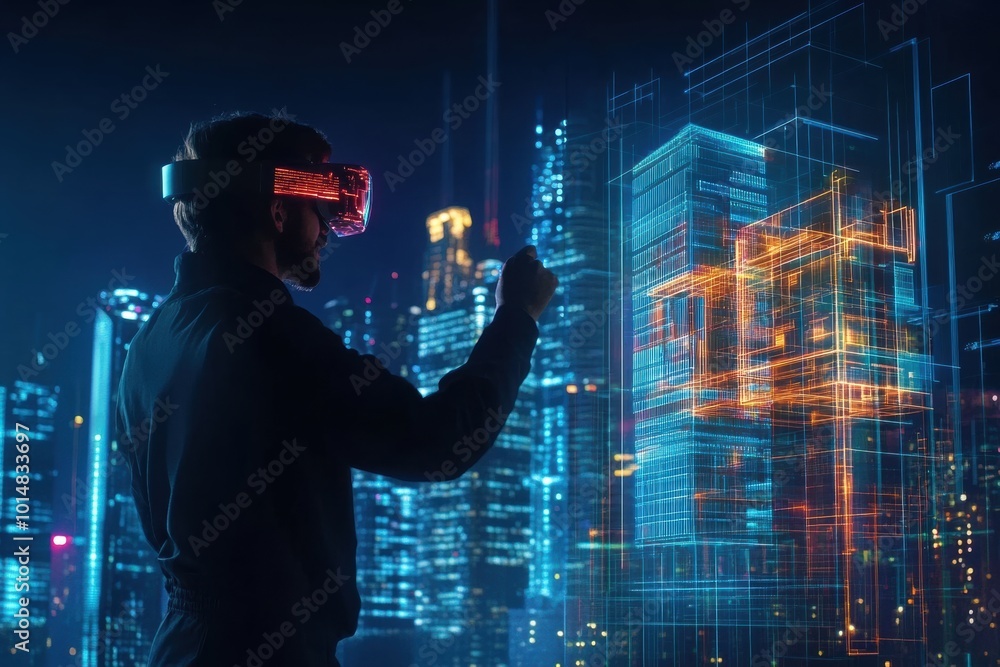 Leinwandbilder An augmented reality architect designs futuristic buildings in a high-tech cityscape using AR glasses and holographic projections. Generative AI