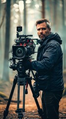 A man holding a camera in a forest