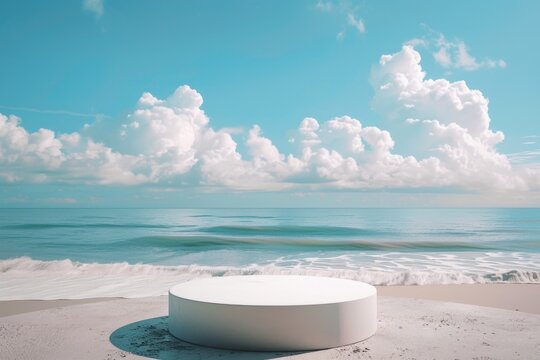 A round table sitting on top of a sandy beach, great for summer vacation or outdoor event themes