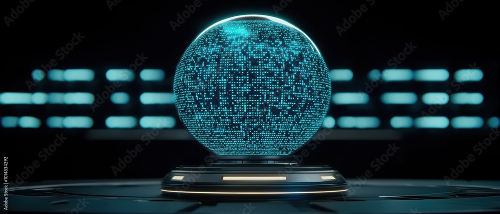 Poster futuristic glowing sphere with intricate patterns, set against a dark background. perfect for scienc
