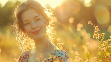 Fototapeta premium A beautiful young woman stands amidst a vibrant field of flowers, with a serene expression