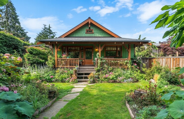 Fototapeta premium Small, green craftsman-style home with a wooden fence and lush garden in front