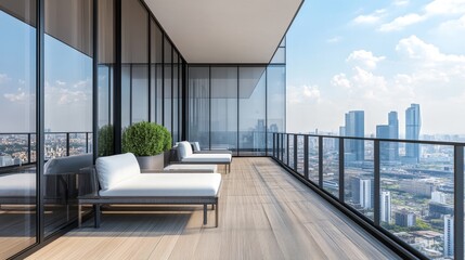 Fototapeta premium A modern balcony with lounge chairs overlooks a city skyline, providing a serene outdoor space for relaxation.