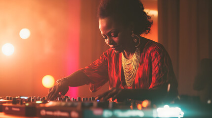 A confident middle-aged Black woman mixes music at a DJ booth, showcasing her skills with intensity and passion in a vibrant atmosphere