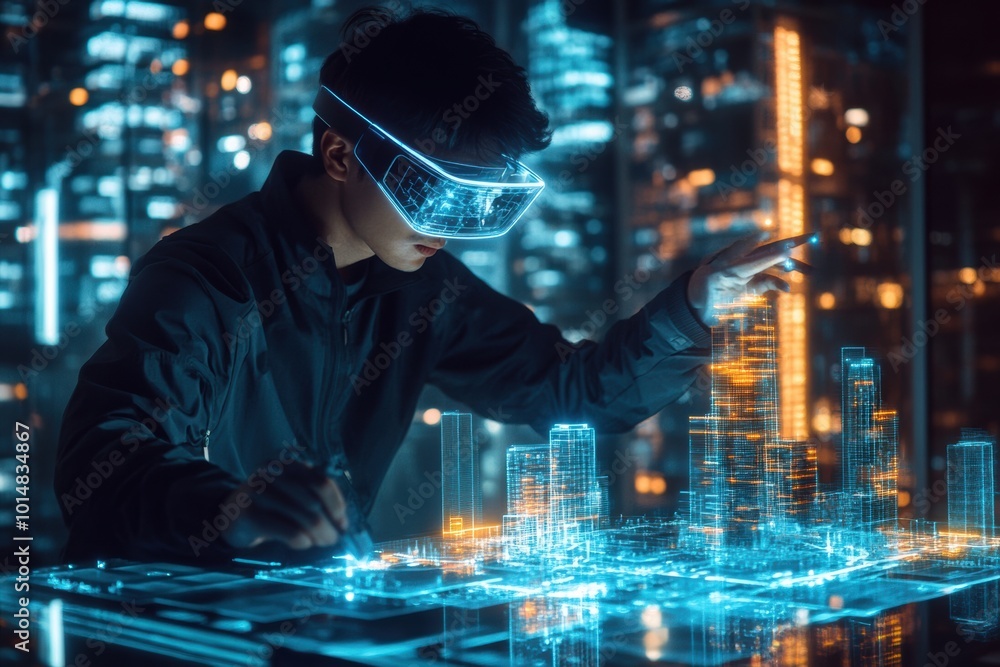 Leinwandbilder an augmented reality architect designs glowing virtual buildings in a futuristic cityscape with adva