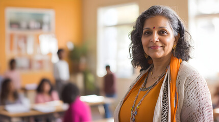 A confident middle-aged indian woman stands in a classroom, smiling warmly while students are engaged in the background, showcasing a nurturing educational environment