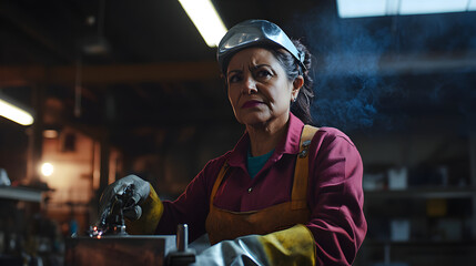 A confident middle-aged Latina woman works in a workshop, focused on her task with protective gear and a determined expression in a well-lit environment