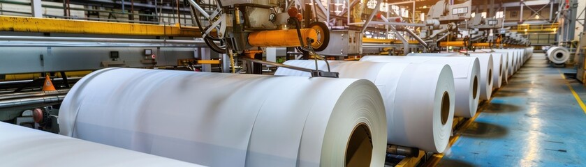 Paper mill with giant rolls of paper being processed, Paper Production, mass production of paper products