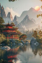 Obraz premium A serene pagoda situated in the calm waters of a lake
