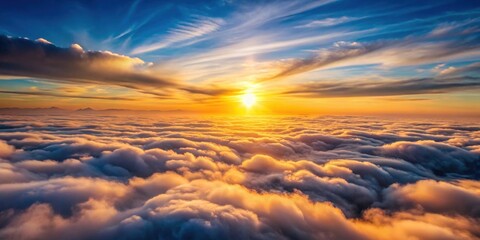 Fototapeta premium Above the clouds, a stunning sunset casts rays of golden light as seen from an airplane window, sunset, sun ray, above, clouds, fly