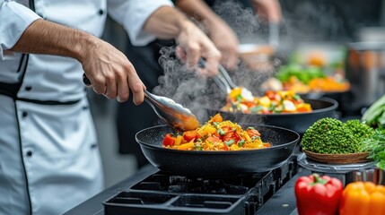 Cooking vibrant vegetables in professional kitchen, chefs skillfully prepare colorful dish with fresh ingredients. steam rises, creating inviting atmosphere. 