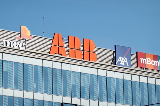 Business hub, office building with PWC, ABB, AXA and mBank companies
